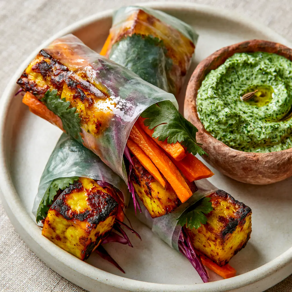 Indian Rice Paper Rolls with Tikka Spiced Paneer and Fresh Mint Chutney 1 Close-up detail of charred tikka paneer and purple cabbage inside a translucent rice paper roll.