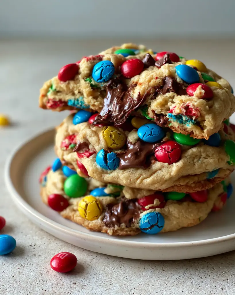 Soft-Batch Mini M&M Chocolate Chip Cookies: The Ultimate Gooey Guide 1 A broken soft-batch mini m&m chocolate chip cookie revealing an underbaked, warm golden dough and melted chocolate pull.