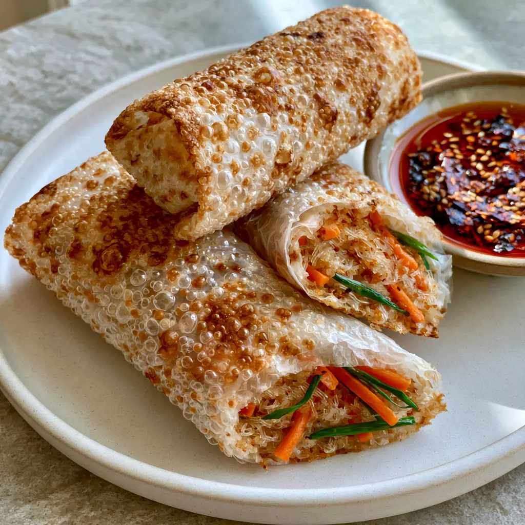 A sliced Air Fryer Rice Paper Noodle Roll showing the glass noodle and carrot interior.