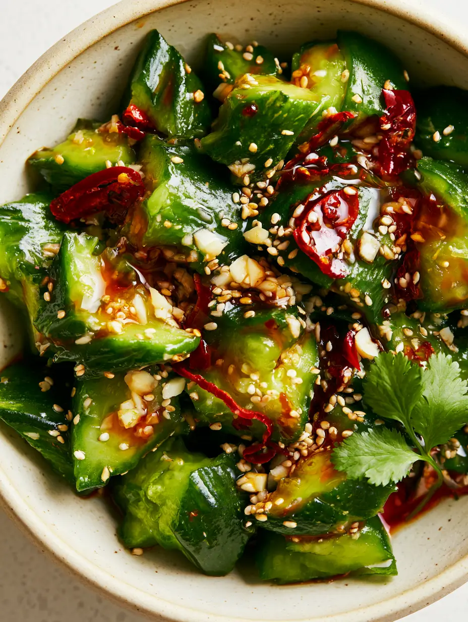 Cucumber Recipes: The Ultimate Spicy Asian Smashed Salad 3 Top-down view of smashed Persian cucumbers with jagged edges in a matte cream bowl. (cucumber recipes)