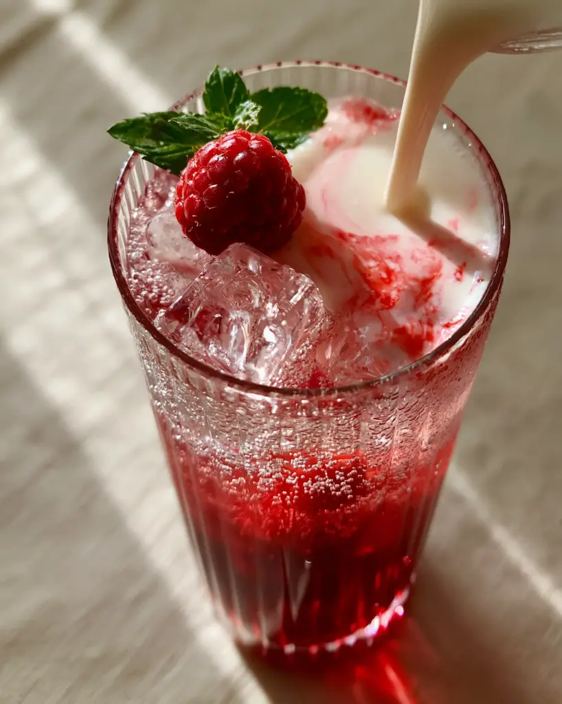 Homemade Fruit Irish Cream Soda: The Ultimate Sparkling Raspberry Cloud 1 Detailed view of large artisanal square ice cubes and fresh raspberry garnish on a Homemade Fruit Irish Cream Soda.