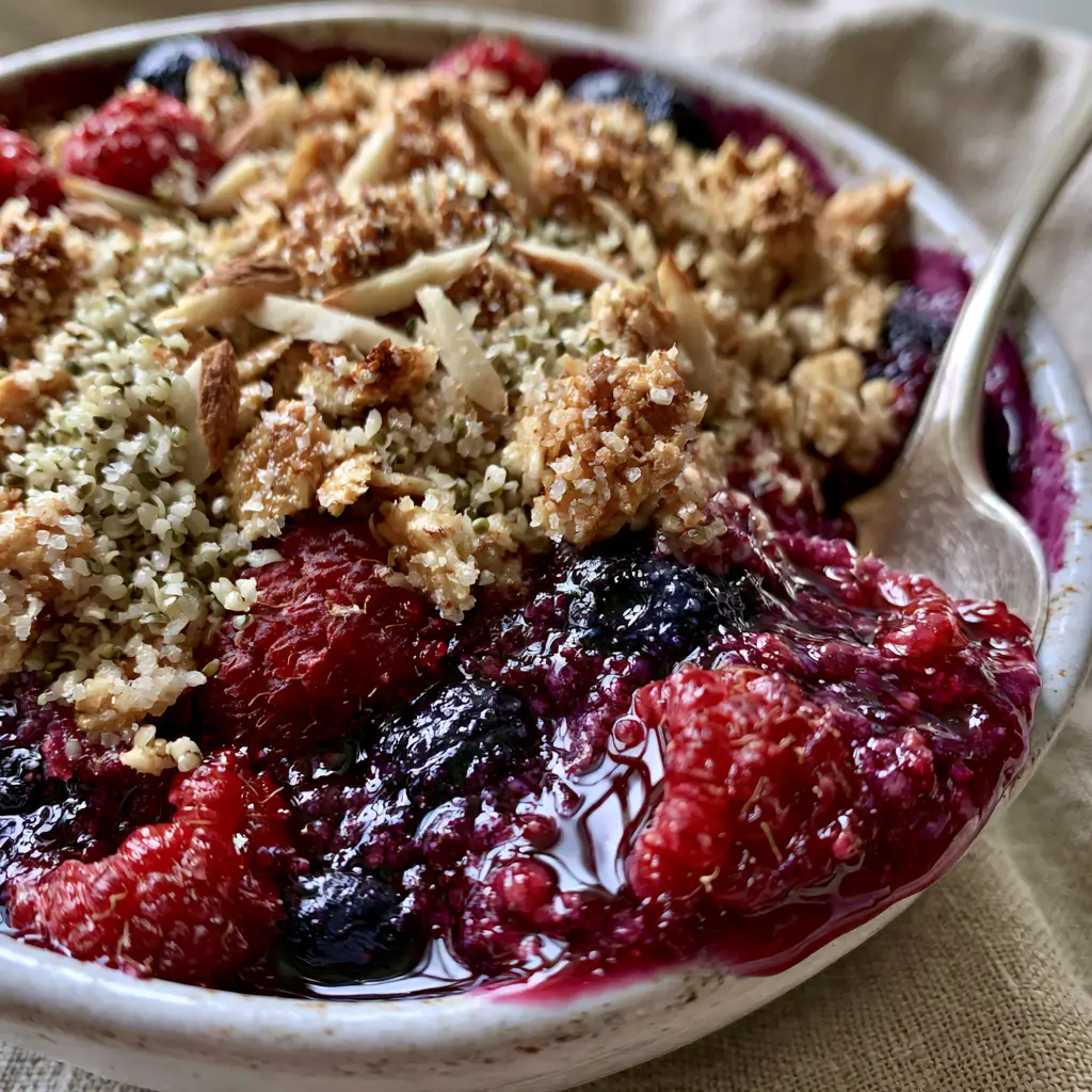 Breakfast Crumble with Toasted Oat Clusters and Bursting Berries 2 Macro shot of golden oat clusters, slivered almonds, and hemp seeds on a Breakfast Crumble. (Breakfast Crumble)