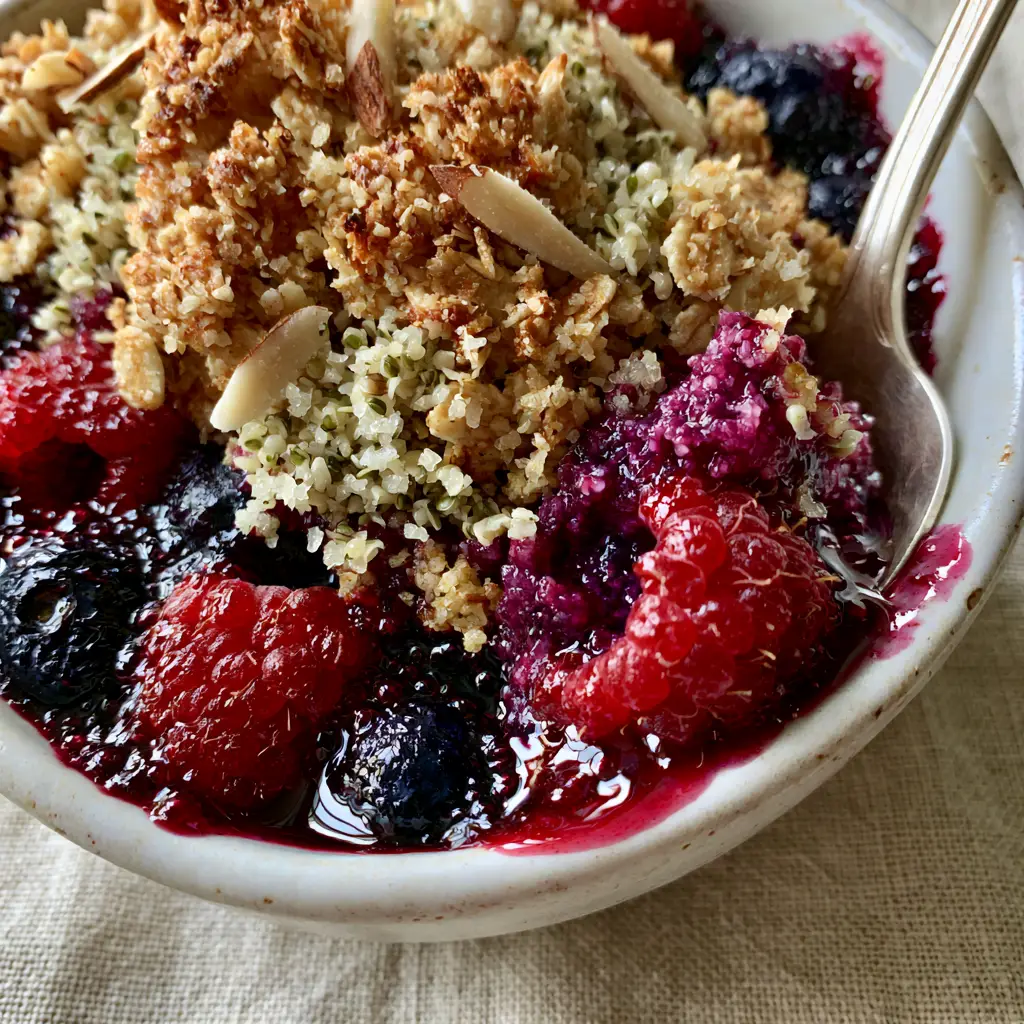 Breakfast Crumble with Toasted Oat Clusters and Bursting Berries 1 Extreme close-up of thick purple fruit syrup and jammy blueberries seeping through the edges of a Breakfast Crumble.
