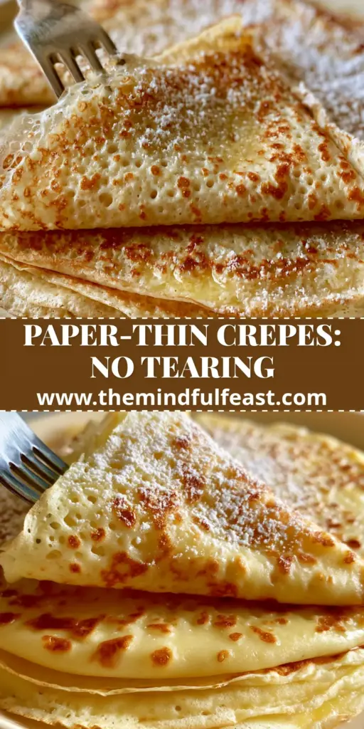 French Crepes: How to Make Thin, Lacy, and Golden Leopard-Spotted Crepes 4 A stack of paper-thin French crepes on a cream ceramic plate with a salted butter glaze and powdered sugar dusting.