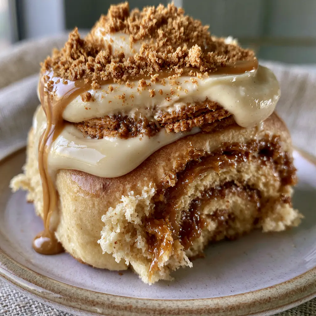 Biscoff Cinnamon Rolls with Caramelized Cookie Butter Swirl 2 Handheld smartphone photo of a single premium Biscoff cinnamon roll on a ceramic plate with deep amber caramelized swirls. (Biscoff Cinnamon Rolls)
