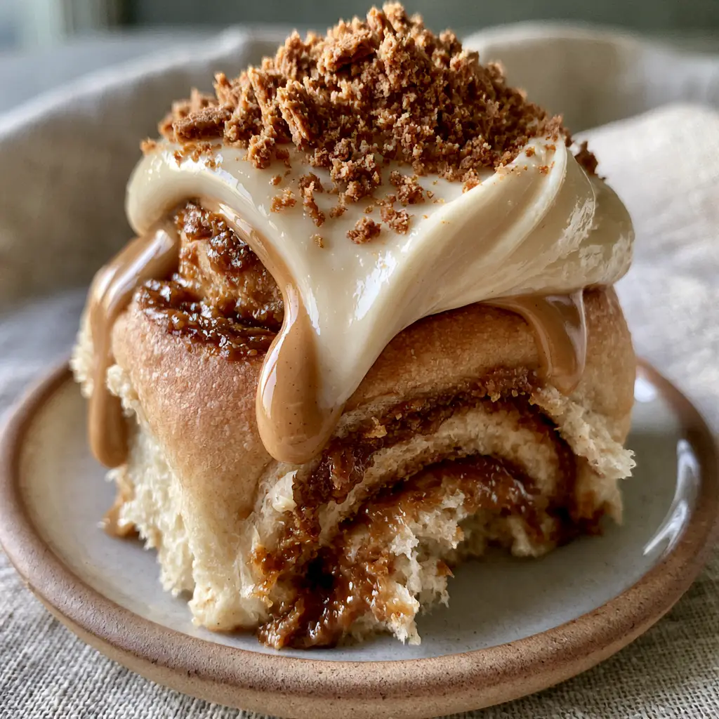 Biscoff Cinnamon Rolls with Caramelized Cookie Butter Swirl 1 A single Biscoff cinnamon roll smothered in glossy ivory cream cheese frosting under soft morning daylight.
