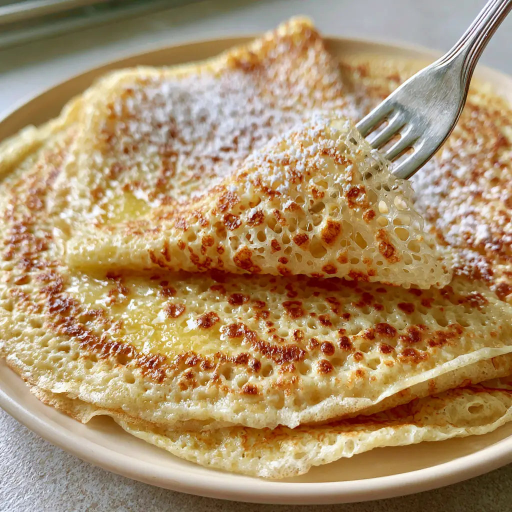 French Crepes: How to Make Thin, Lacy, and Golden Leopard-Spotted Crepes 2 Close up of a fork lifting a translucent French crepe showing its lacy texture and golden spots.