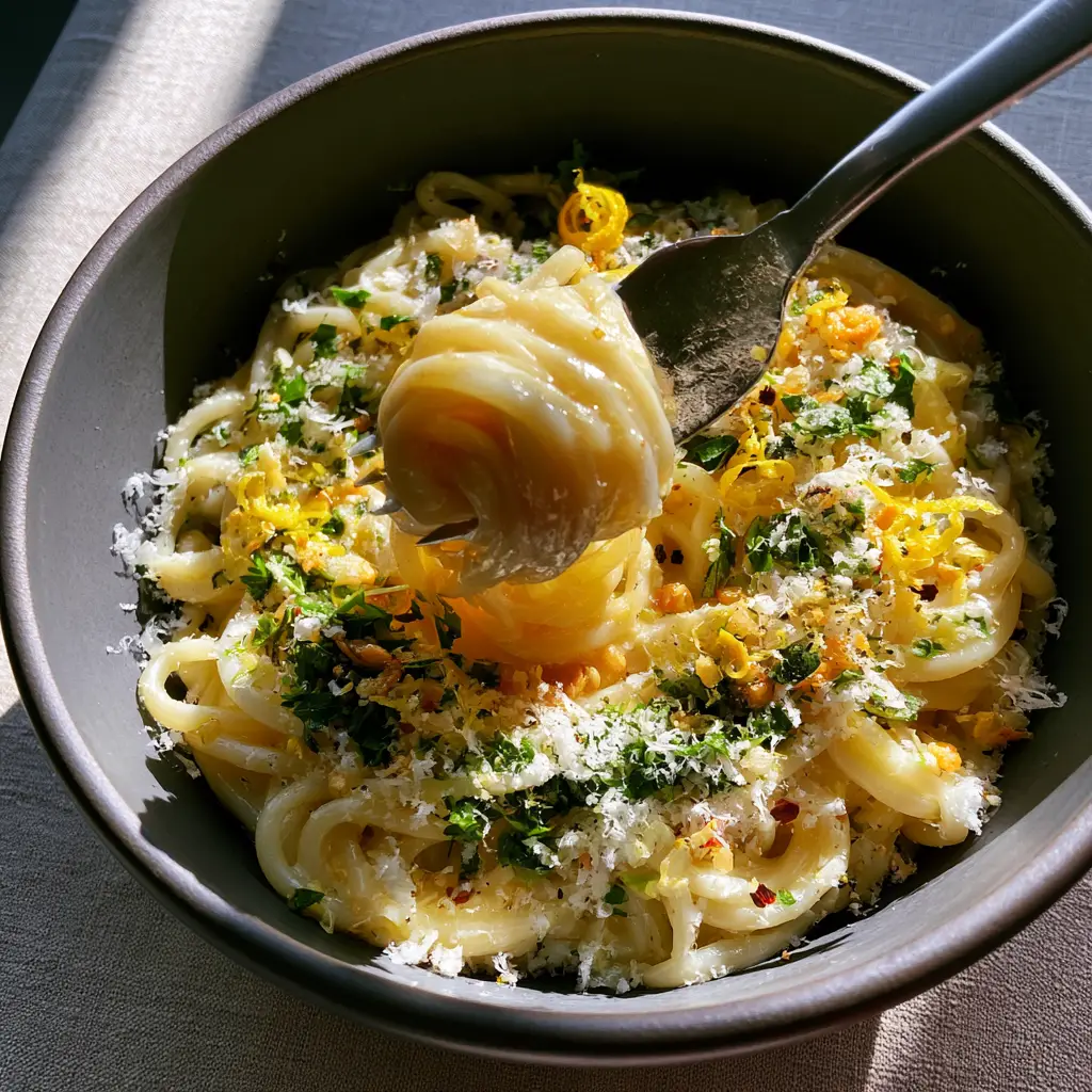 Lemon Garlic Pasta Sauce: The Ultimate 15-Minute Emulsified Butter Recipe 1 Detail shot of al dente spaghetti coated in lemon garlic pasta sauce in a matte charcoal bowl.