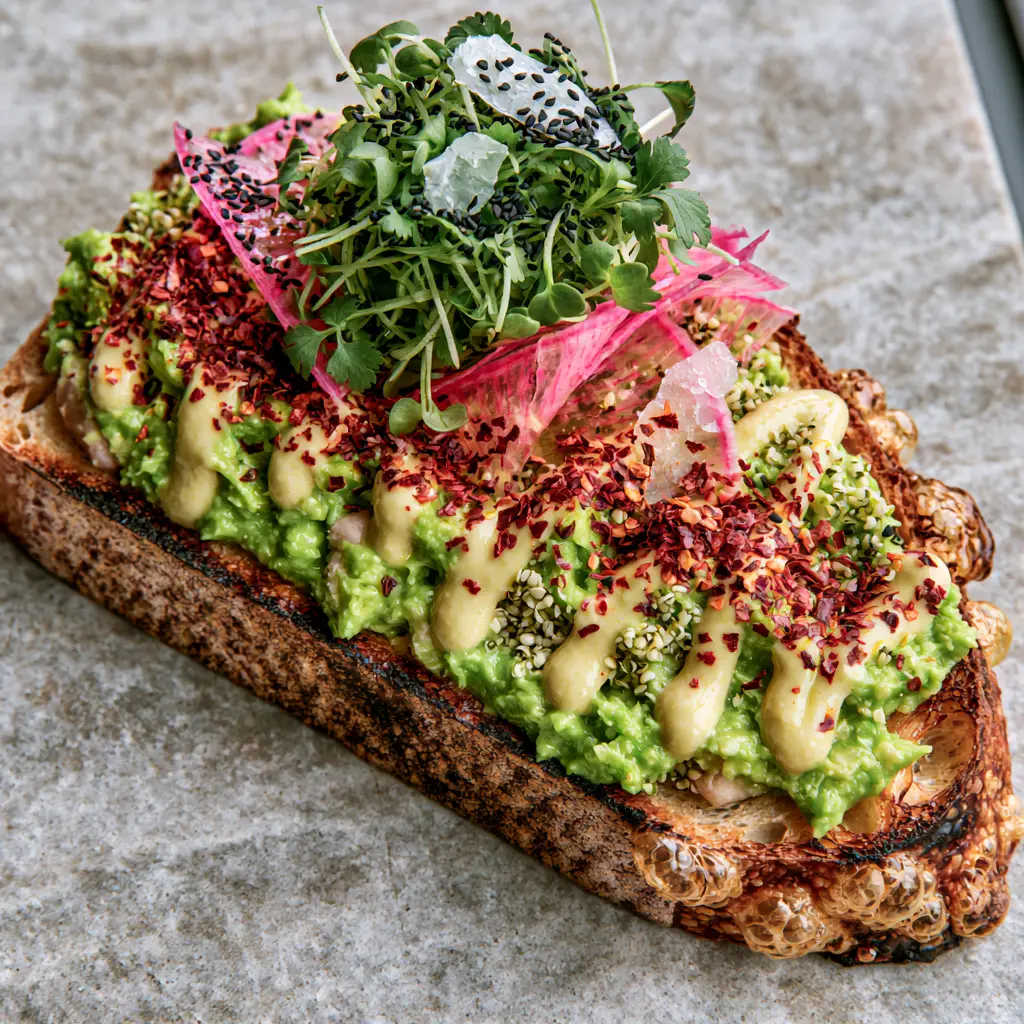 Vegan Avocado Toast: The Ultimate High-Protein Gourmet Sourdough Recipe 2 Overhead view of vegan avocado toast featuring charred sourdough edges and vibrant micro-cilantro.