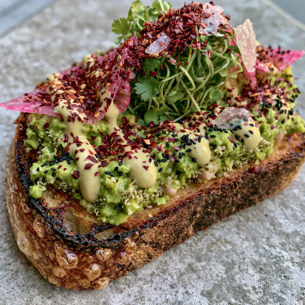 Vegan Avocado Toast: The Ultimate High-Protein Gourmet Sourdough Recipe 1 Close up texture of chunky avocado smash with hemp seeds and lemon-tahini drizzle. (vegan avocado toast)