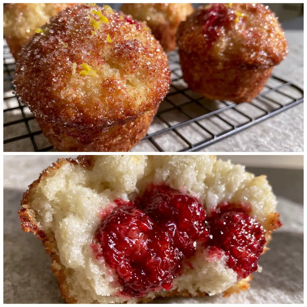 Raspberry Lemon Ricotta Muffins With A Sparkling Sugar Crust 2 Three golden-brown raspberry lemon ricotta muffins sitting on a black wire cooling rack with sparkling sugar crust and lemon zest.