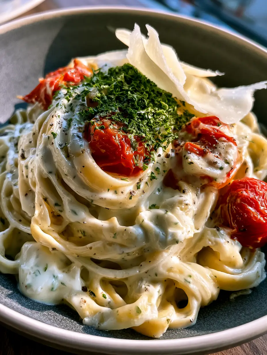 Boursin Cheese Pasta with Blistered Tomatoes and Garlic Herb Sauce 3 Macro close-up of velvety boursin cheese pasta with herb flecks and cracked black pepper.