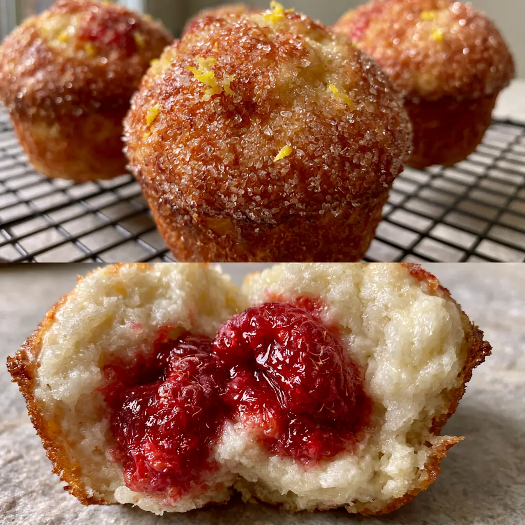 Raspberry Lemon Ricotta Muffins With A Sparkling Sugar Crust 1 Macro close-up of a raspberry lemon ricotta muffin pulled apart to reveal a pillowy white interior and molten red raspberries.