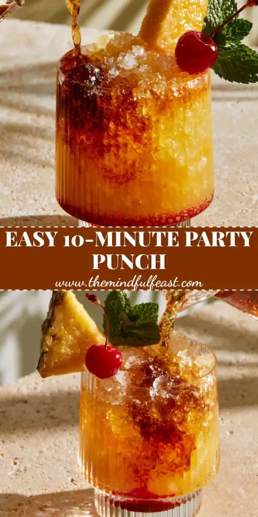 Amaretto Island Punch: The Ultimate Tropical Summer Cocktail Recipe 3 A tropical amaretto island punch cocktail in a ribbed glass with crushed ice and fruit garnishes on a stone surface.