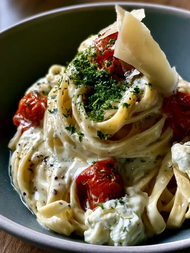 Boursin Cheese Pasta with Blistered Tomatoes and Garlic Herb Sauce 1 Close-up of melting Boursin cheese dollops and blistered tomatoes on fettuccine.