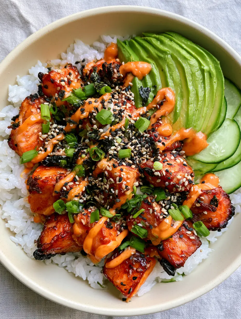 Spicy Salmon Sushi Bowls with Crispy Air-Fried Glazed Bites 3 Close up of crispy glazed salmon cubes with charred edges in spicy salmon sushi bowls.