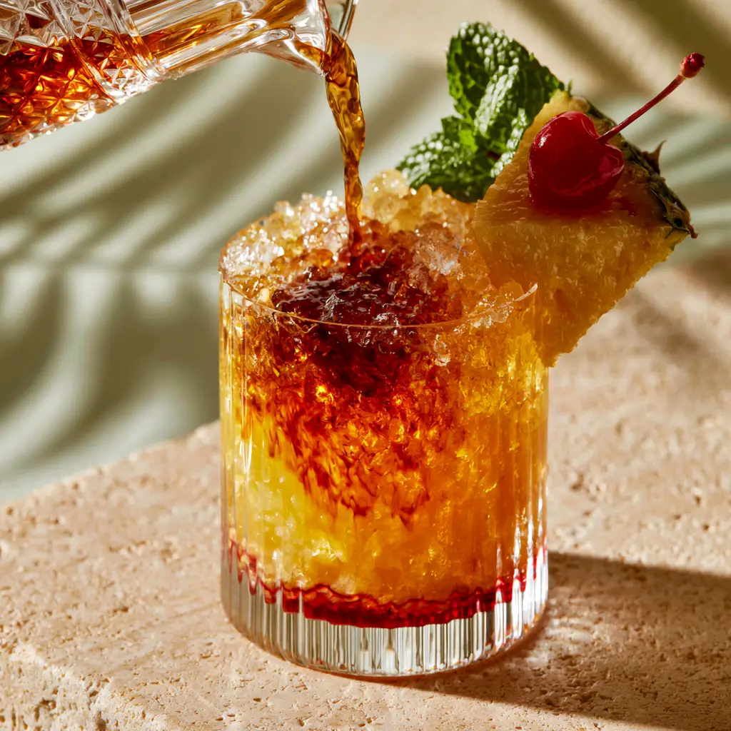 Amaretto Island Punch: The Ultimate Tropical Summer Cocktail Recipe 2 Close-up of amaretto island punch being poured from a pitcher into a ribbed glass with crushed ice.
