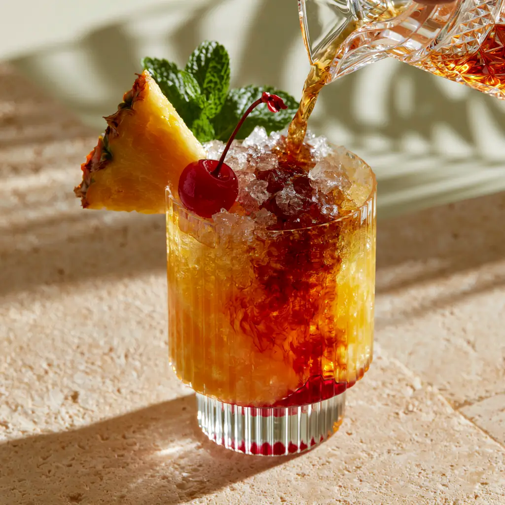Amaretto Island Punch: The Ultimate Tropical Summer Cocktail Recipe 1 Eye-level view of a finished amaretto island punch cocktail with mint and cherry garnish in golden hour light.