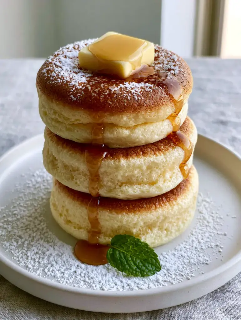 Pancake Ideas: The Ultimate Tall and Fluffy Japanese Souffle Recipe 2 Close-up of wobbly Japanese souffle pancakes with golden tops and airy sponge sides. (pancake ideas)