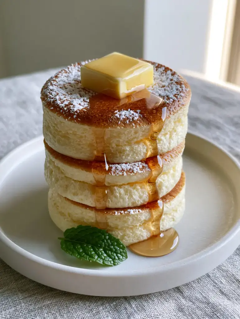 Pancake Ideas: The Ultimate Tall and Fluffy Japanese Souffle Recipe 1 Gourmet pancake ideas featuring maple syrup drizzle and powdered sugar on a matte plate.