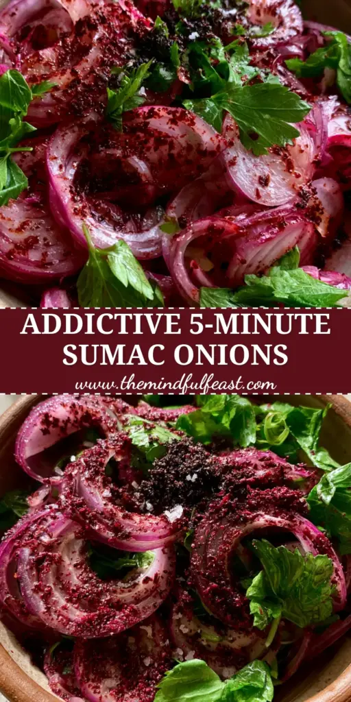Turkish onion salad: The Authentic Sumac Onion Recipe (Sumaklı Soğan) 4 A rustic earthenware bowl filled with vibrant Turkish onion salad, featuring ruby-red sumac-stained onions and bright green parsley.