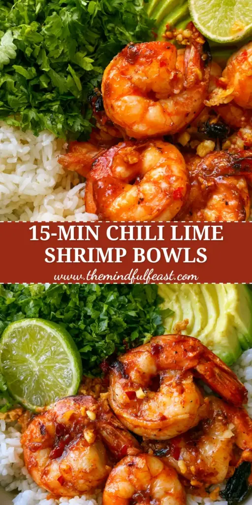 Chili Lime Shrimp Bowls with Charred Garlic and Glossy Lime Glaze 4 A close-up vertical shot of a Chili Lime Shrimp Bowl featuring seared jumbo shrimp, fanned avocado, and lime wedges on fluffy jasmine rice.