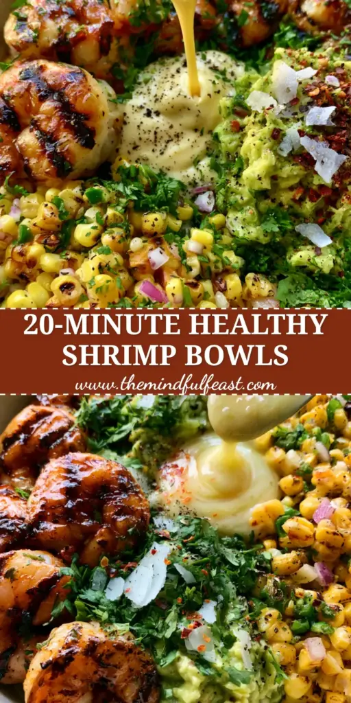 Grilled Shrimp Avocado Bowls with Honey-Lime Glaze and Garlic Drizzle 4 A top-down view of grilled shrimp avocado bowls with dark char marks and a creamy garlic drizzle in a white dish.