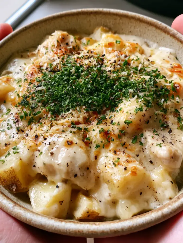 Crockpot Meals: Creamy Garlic Parmesan Chicken and Potatoes 2 Close-up of thick ivory cream sauce over tender chicken and gold potatoes in a rustic bowl. (crockpot meals)