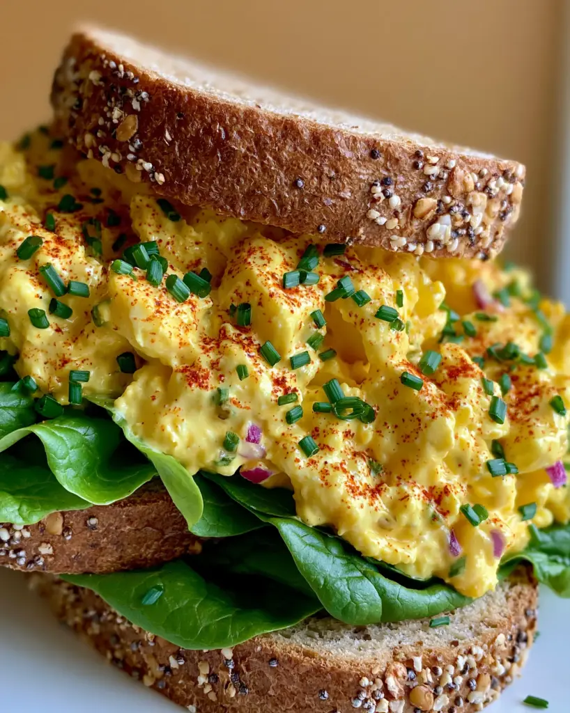 Makeup of a Perfect Gourmet Egg Salad on Seeded Sourdough 1 Detailed view of the egg salad sandwich layers including butter lettuce and smoked paprika dusting.