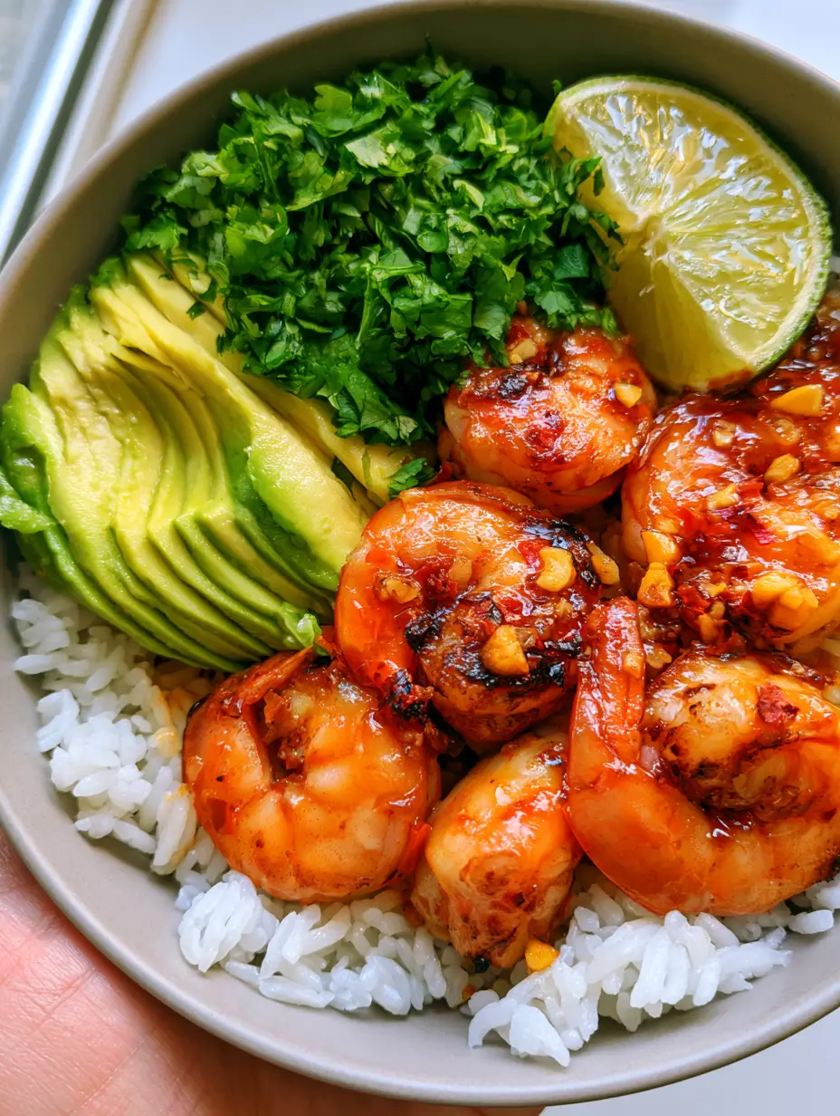 Chili Lime Shrimp Bowls with Charred Garlic and Glossy Lime Glaze 3 Top-down view of a Chili Lime Shrimp Bowl held in a person's hand, showing succulent shrimp with a glossy glaze and charred garlic. (Chili Lime Shrimp Bowls)