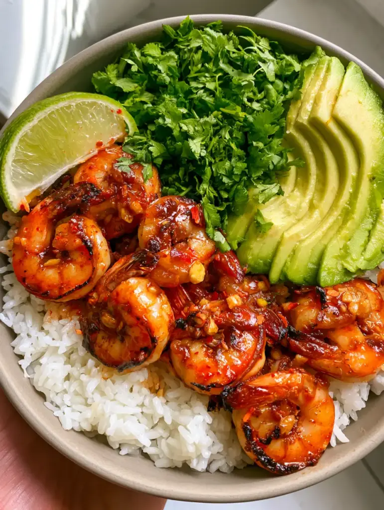 Chili Lime Shrimp Bowls with Charred Garlic and Glossy Lime Glaze 1 Close-up of Chili Lime Shrimp Bowls in a matte ceramic bowl featuring charred garlic bits and vibrant cilantro.
