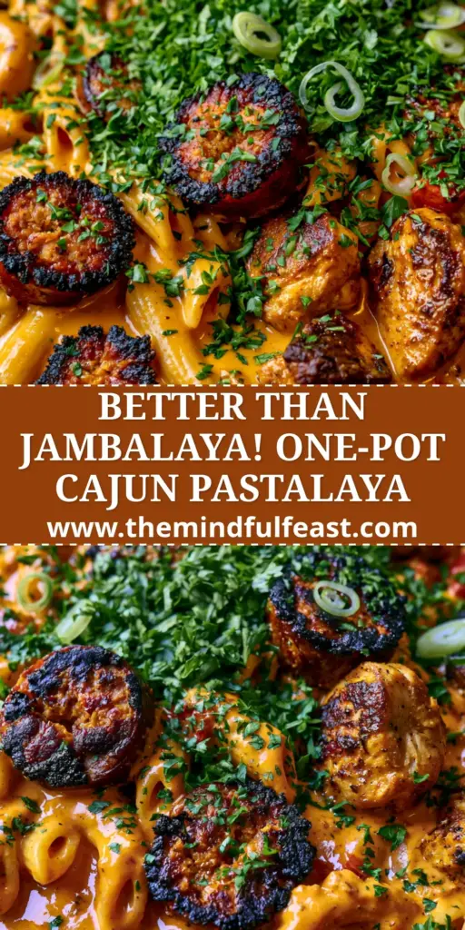 A high-angle close-up of Cajun Pastalaya in a cast iron skillet with creamy orange sauce, charred sausage, and green onions.