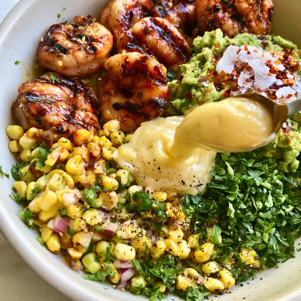 Grilled Shrimp Avocado Bowls with Honey-Lime Glaze and Garlic Drizzle 1 Close-up of garlic lime sauce being drizzled over grilled shrimp avocado bowls.