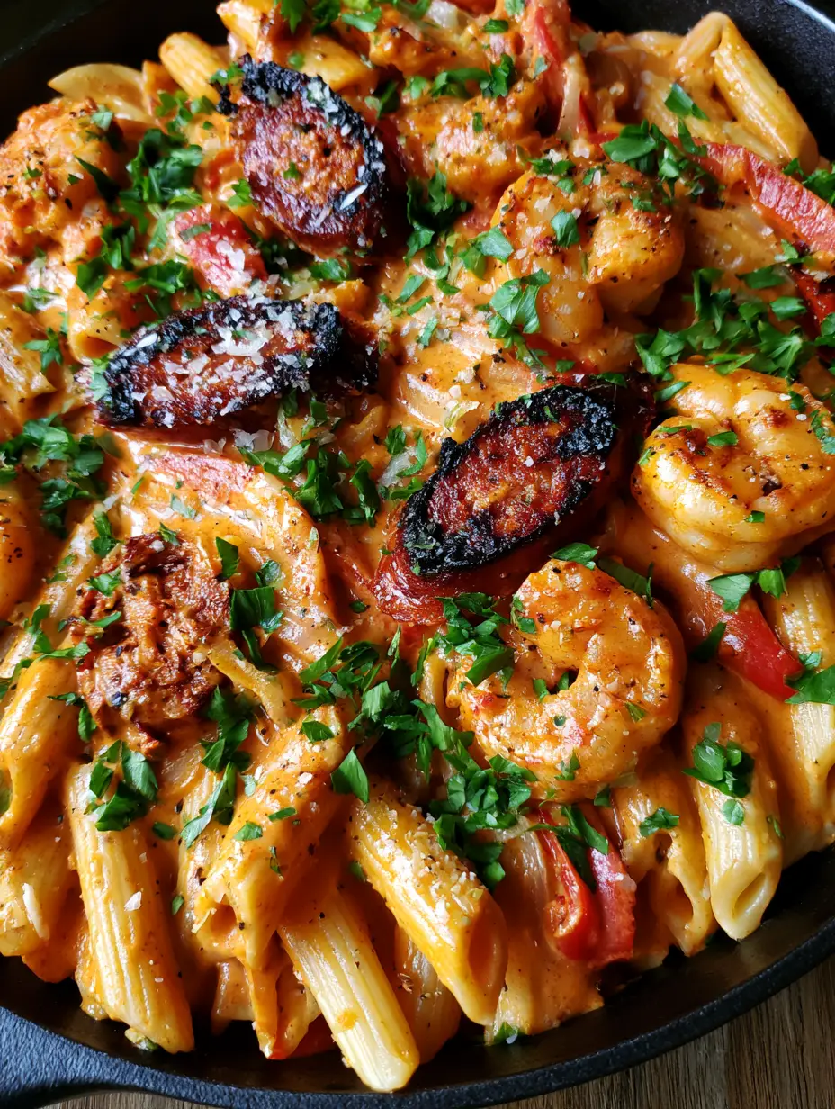 Close up view of Creamy Cajun Penne showing the glossy orange sauce, charred andouille sausage, and fresh parsley garnish.
