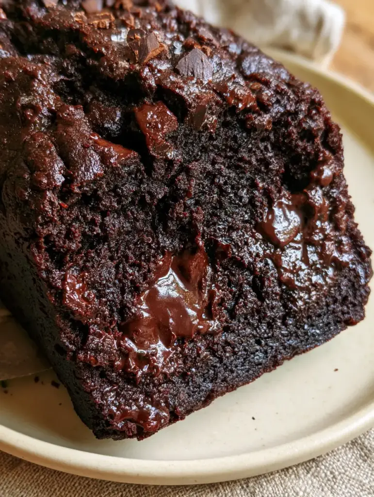 Chocolate Zucchini Bread: The Ultimate Fudgy Dark Cocoa Loaf 2 Extreme close-up of a dense, dark obsidian-cocoa slice of chocolate zucchini bread with glistening chocolate pools. (chocolate zucchini bread)