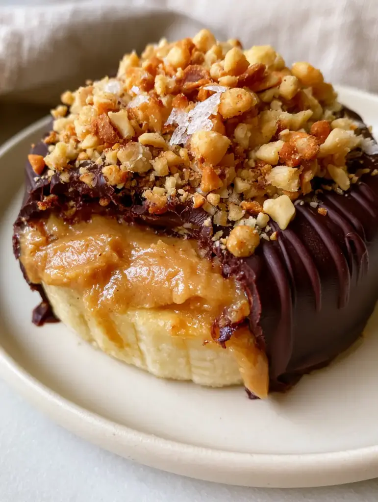 Frozen Banana Snickers: The Ultimate Healthy Bite-Sized Snack 1 Side view of frozen banana snickers slices on a minimalist plate, highlighting the matte chocolate finish and golden peanuts.