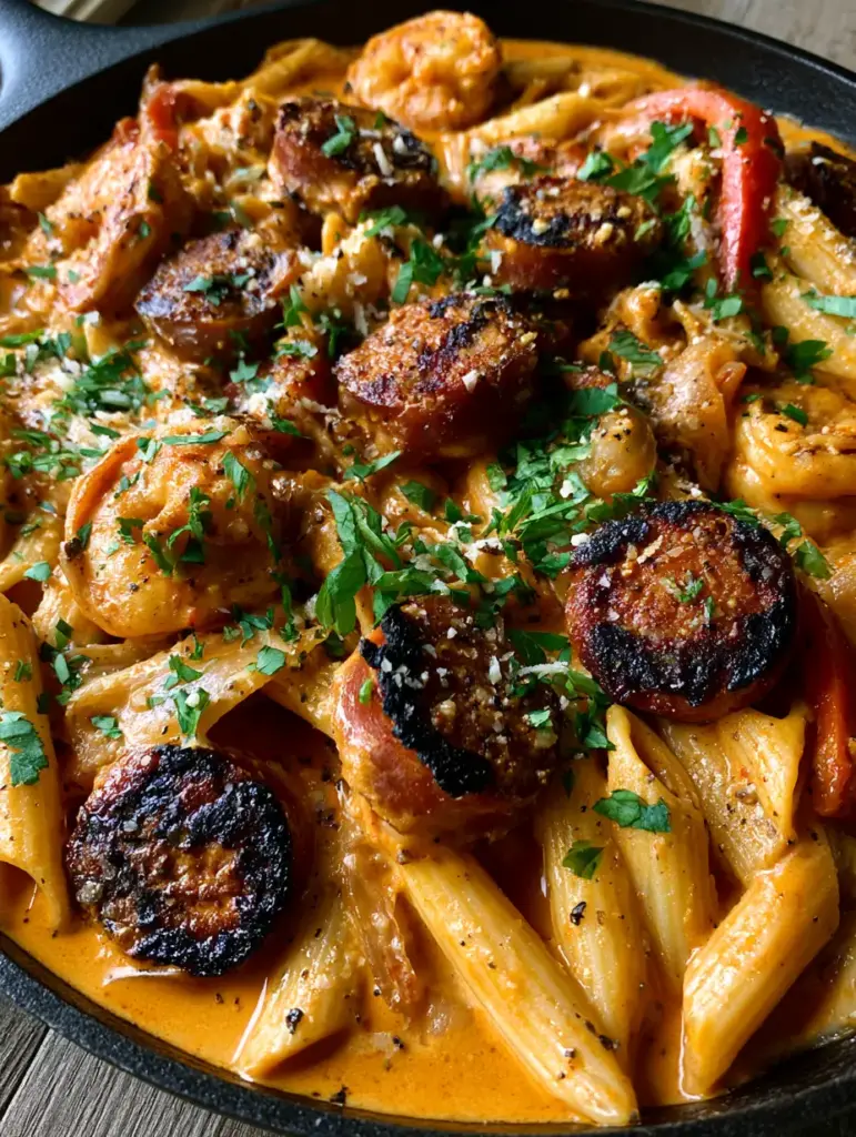 Overhead view of Creamy Cajun Penne in a matte black skillet featuring red bell peppers, onions, and parmesan dusting.