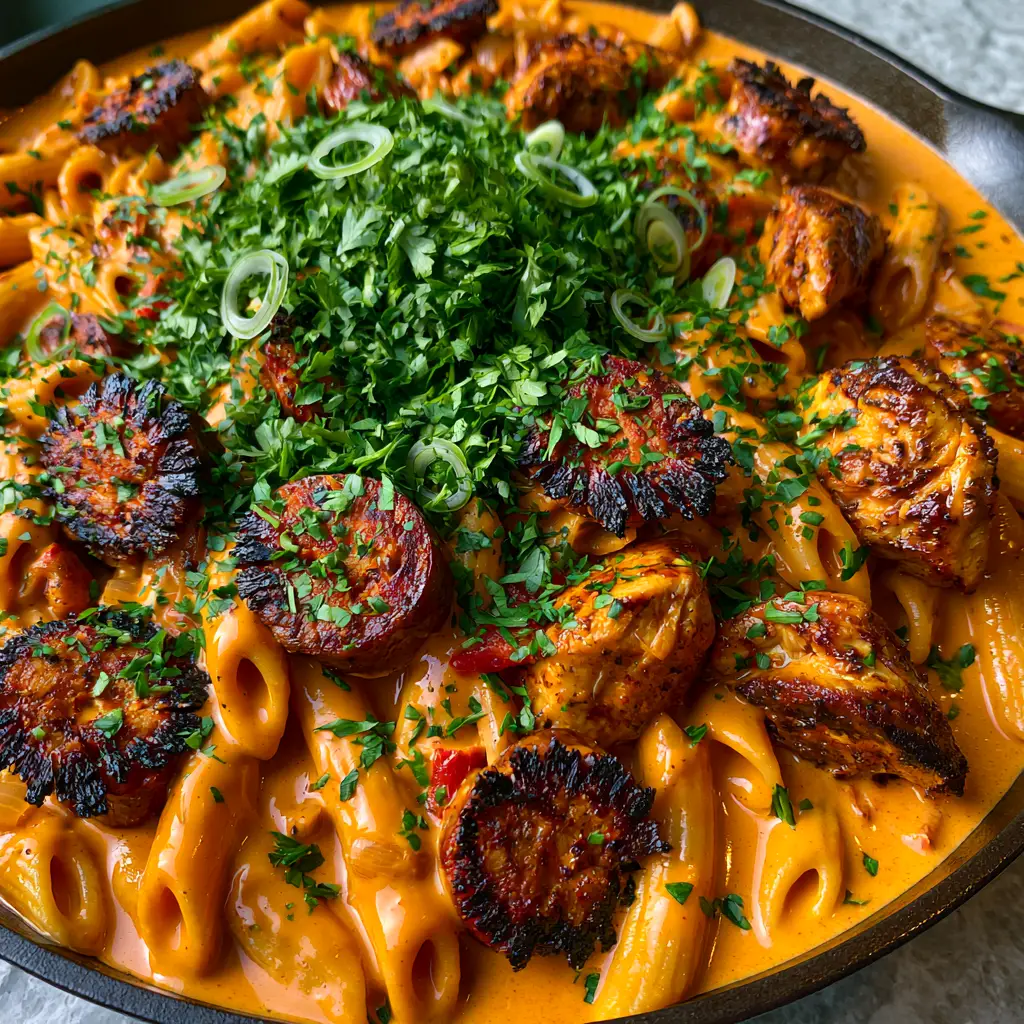 Rustic cast iron skillet filled with chicken and sausage Cajun Pastalaya garnished with fresh scallions.