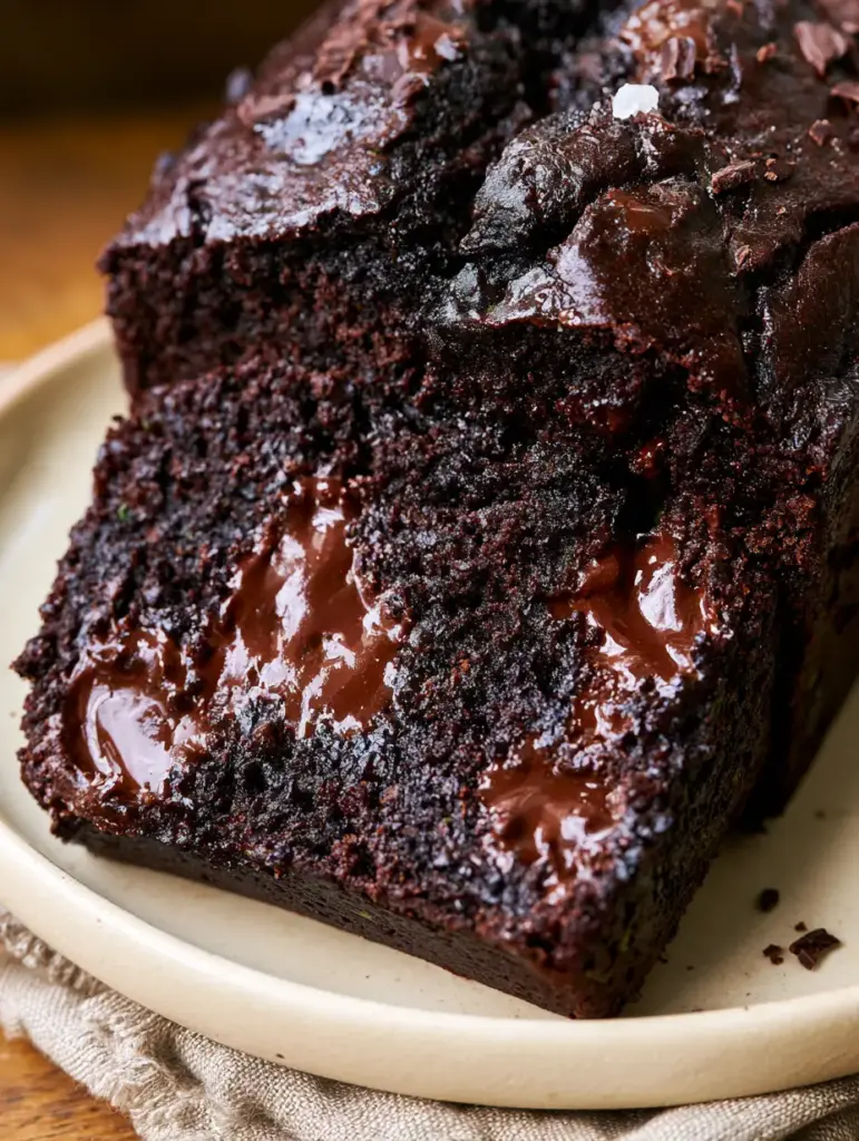 Chocolate Zucchini Bread: The Ultimate Fudgy Dark Cocoa Loaf 1 High-angle shot of chocolate zucchini bread slice on a matte cream plate with flaky sea salt topping.