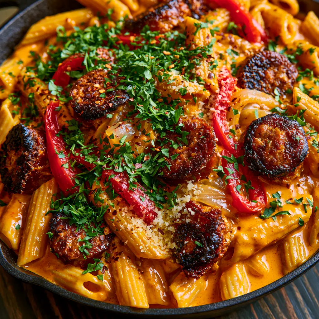A smartphone photo showing melted parmesan and fresh parsley over a Cajun sausage pasta recipe in a skillet.