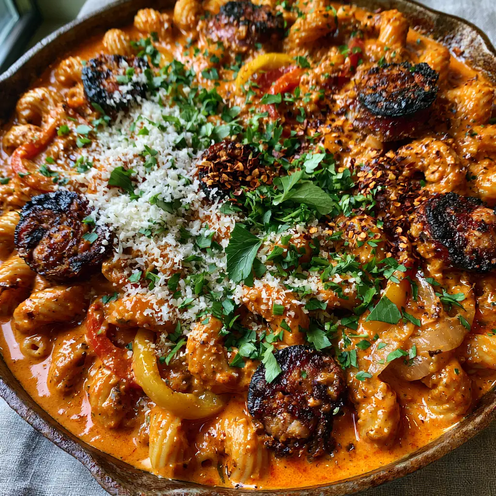 Cajun Chicken Mac and Cheese with Charred Skillet Chicken 4 A rustic cast iron skillet filled with creamy cajun chicken mac and cheese, featuring charred chicken breast and bright green parsley garnish.