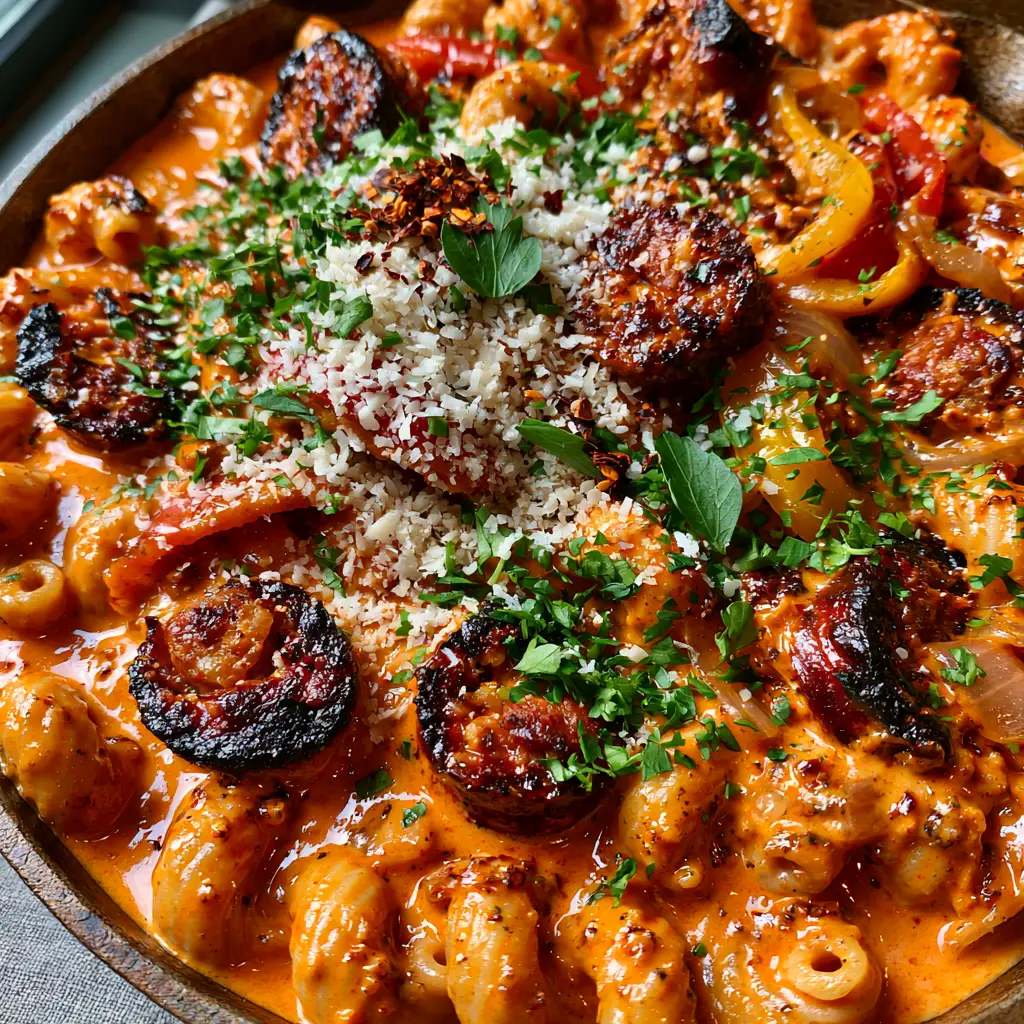 Cajun Sausage Cavatappi Pasta with Spicy Orange Cream Sauce 1 A handheld photo of the Cajun sausage cavatappi pasta being served from a cast iron skillet, featuring bell peppers and parmesan.