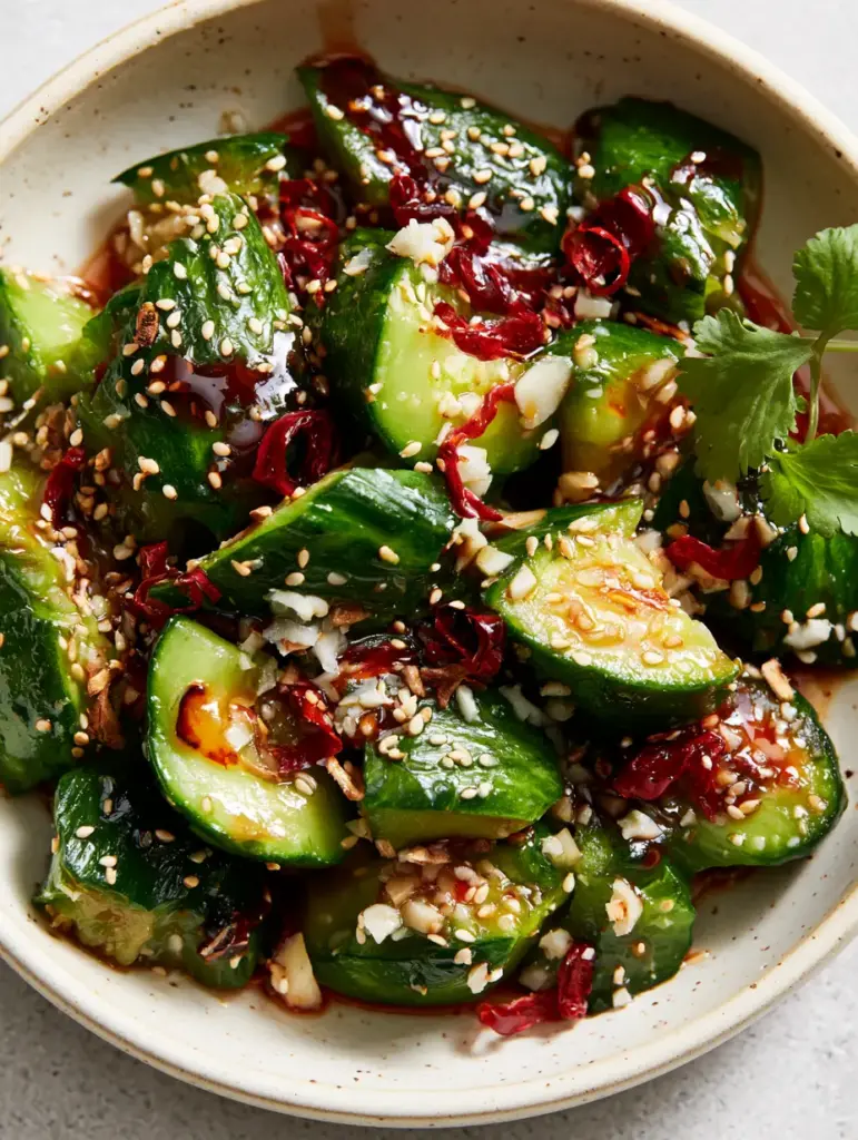 Cucumber Recipes: The Ultimate Spicy Asian Smashed Salad 1 Close-up of glossy red chili oil drizzled over vibrant emerald green smashed cucumbers. (cucumber recipes)