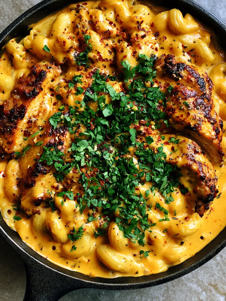 Cajun Chicken Mac and Cheese with Charred Skillet Chicken 3 Close-up of glossy orange-gold cajun chicken mac and cheese with visible black pepper flecks and charred chicken slabs.