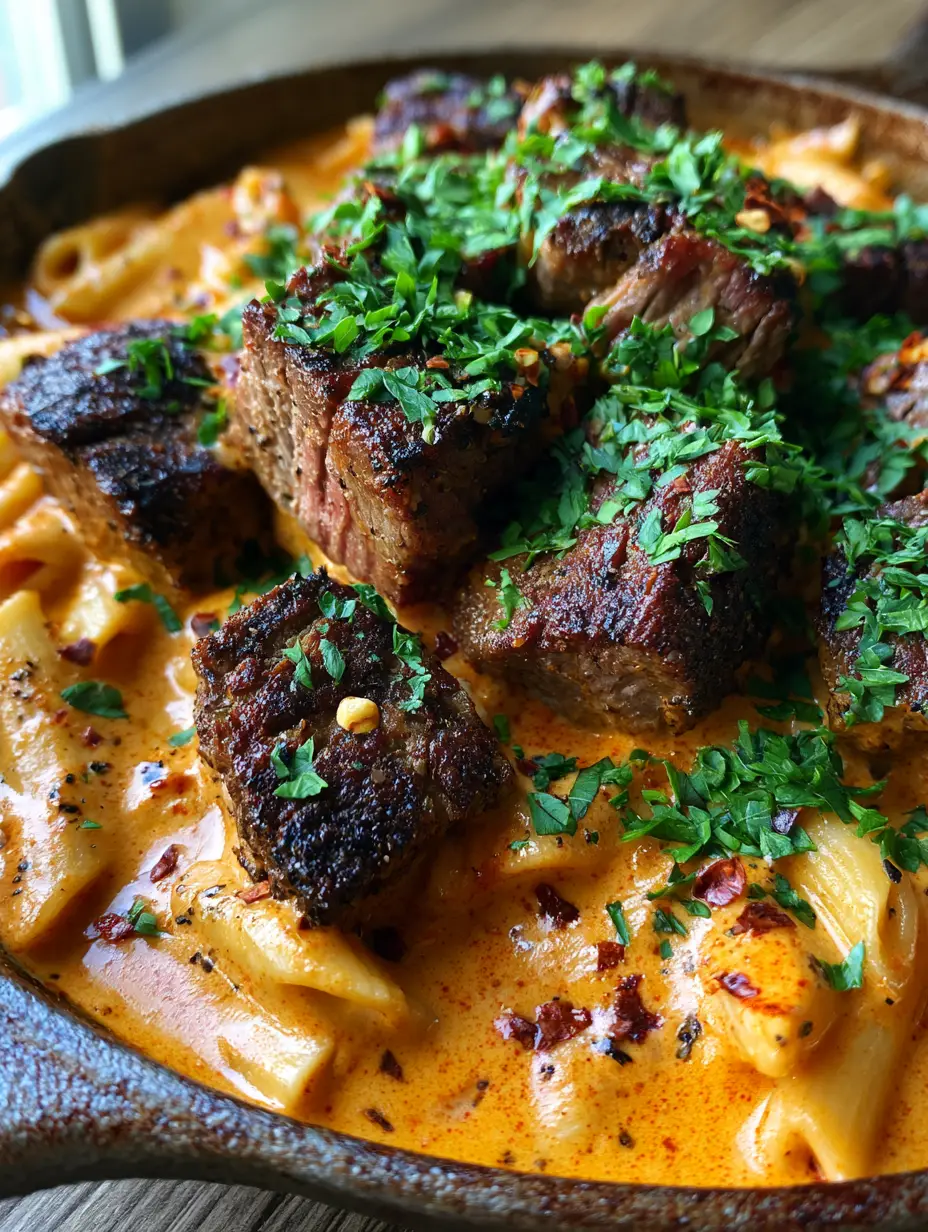 Creamy Cajun Steak Penne Pasta: A Restaurant-Quality Skillet Dinner 3 Macro shot of sunset-orange cajun cream sauce with seared steak bites and penne pasta. (creamy cajun steak penne pasta)