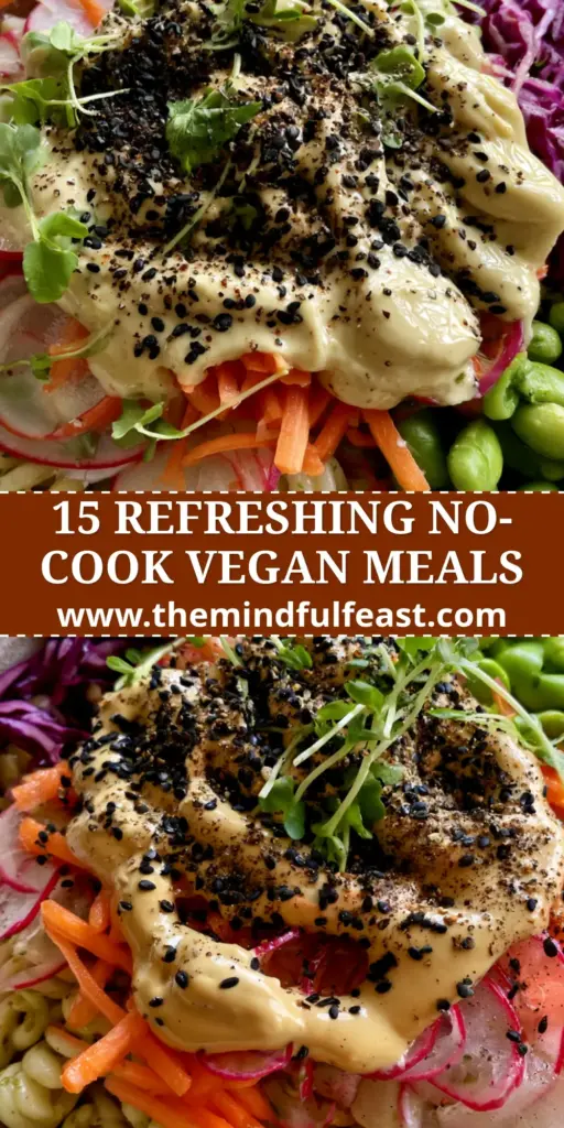A vibrant rainbow vegan pasta salad with rotini, edamame, and tahini drizzle in a ceramic bowl. (Vegan summer recipes)