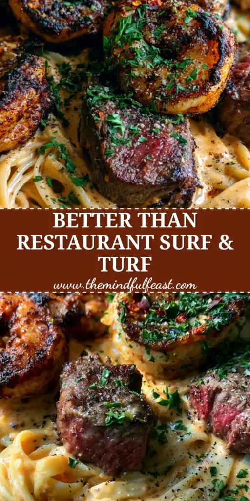 Cajun Shrimp and Steak Alfredo Pasta: The Ultimate Surf and Turf Comfort Food 4 A rustic cast iron skillet filled with Cajun Shrimp and Steak Alfredo Pasta, topped with blackened shrimp, medium-rare steak medallions, and fresh parsley.