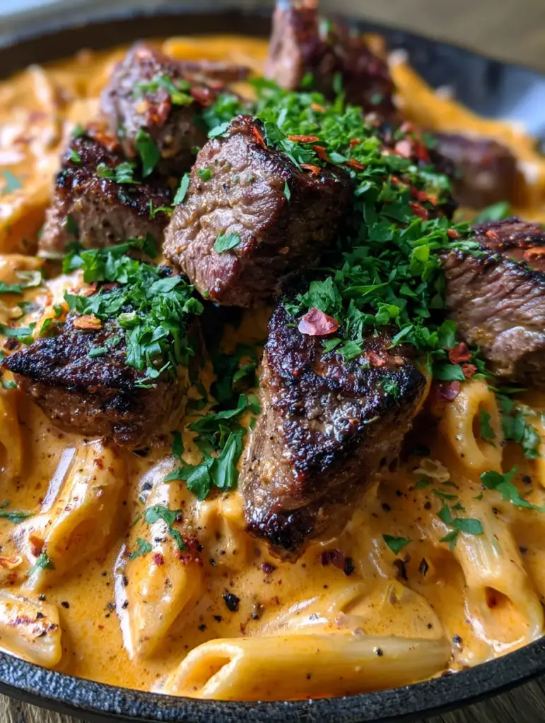 Creamy Cajun Steak Penne Pasta: A Restaurant-Quality Skillet Dinner 1 Juicy sirloin steak bites with a dark brown crust on top of creamy cajun penne pasta.
