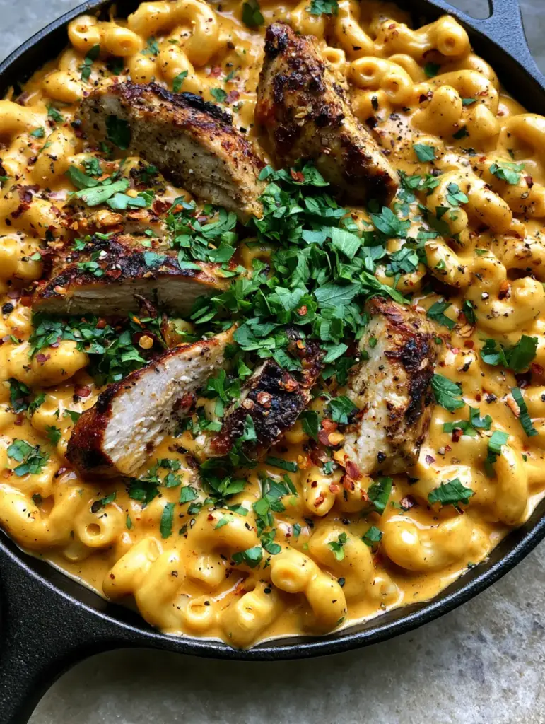 Cajun Chicken Mac and Cheese with Charred Skillet Chicken 1 Top-down view of a cast iron skillet with Cajun chicken mac and cheese, parsley garnish, and red chili flakes.