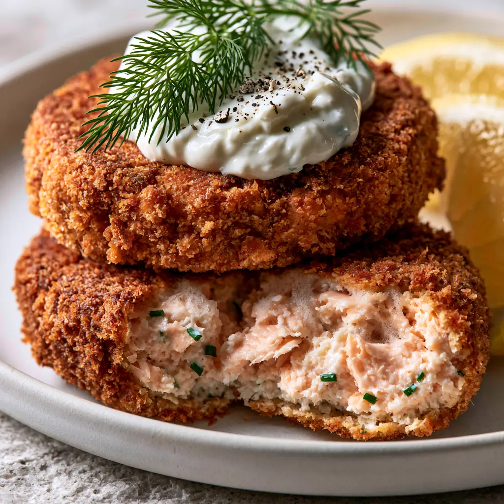 Salmon Croquettes with a Golden Panko Crust and Creamy Tartar Sauce 2 Macro close-up of three thick Salmon Croquettes showing the extra-crispy panko crust and tartar sauce. (Salmon Croquettes)